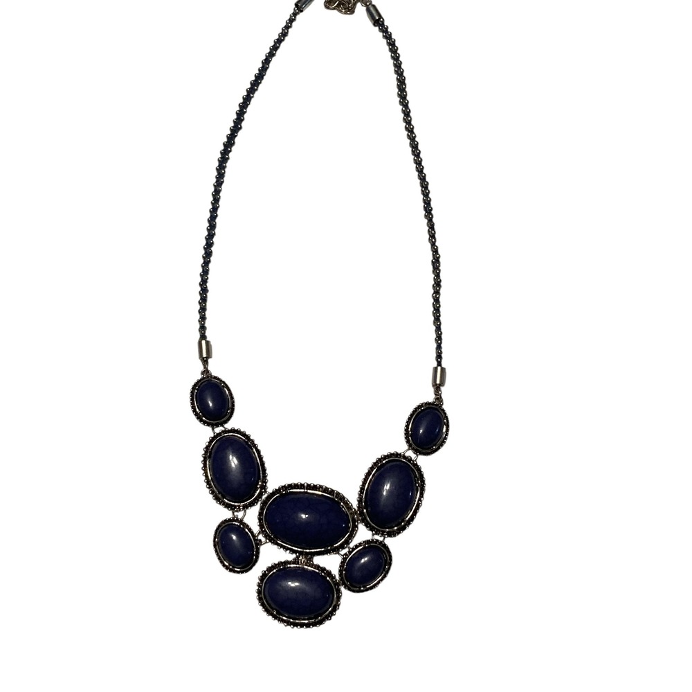 Blue Faux Lapis Lazuli‎ Bib Statement Necklace Silver Tone Beaded Chain Boho